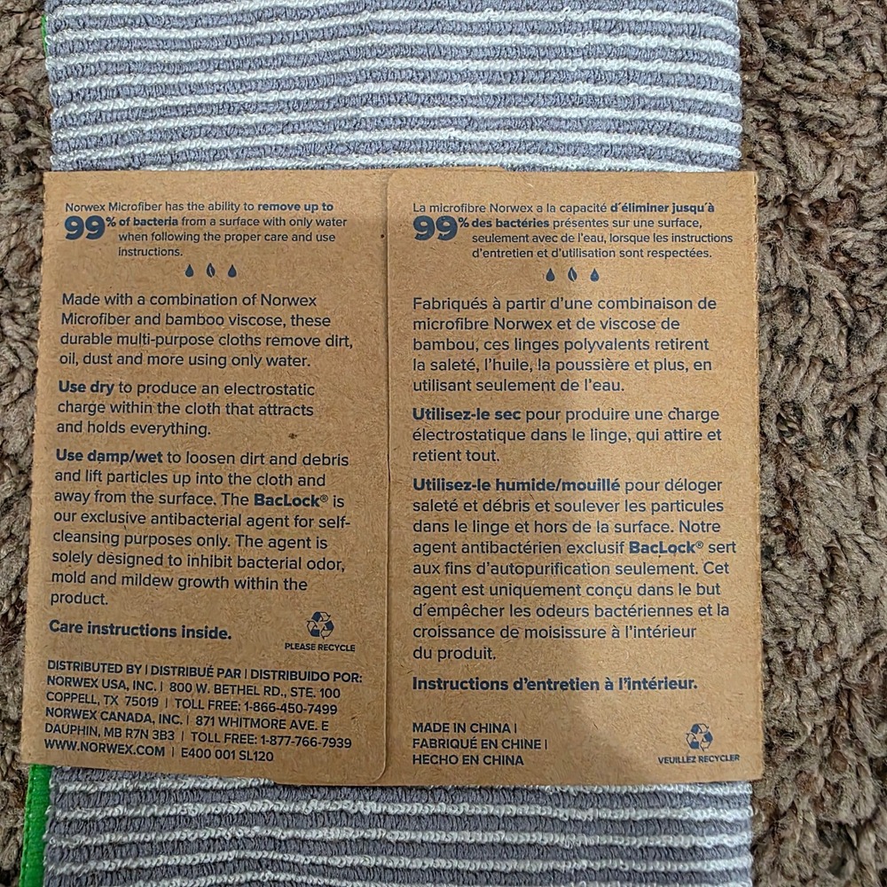 Norwex Multi-Purpose Cloth Bamboo Microfiber BacLock Striped Grey Green New - Picture 3 of 3